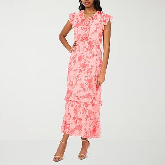 Sam And Jess Womens Short Sleeve Floral Petite Maxi Dress - Peach Sz SP 925059 - Picture 1 of 8